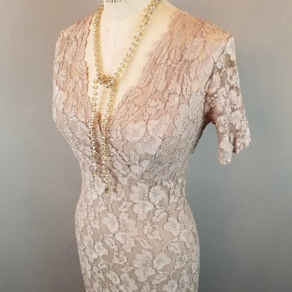 Vintage Y2K Michi Long Taupe Lace Fitted Sheath Dress Women's Size Small - Picture 4 of 11